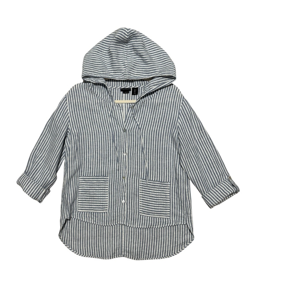 TAHARI- Blue and white striped- Hoodie Shirt- woman’s 100% linen- Size S